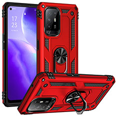 Silicone Matte Finish and Plastic Back Cover Case with Magnetic Finger Ring Stand MQ3 for Oppo A94 5G Red