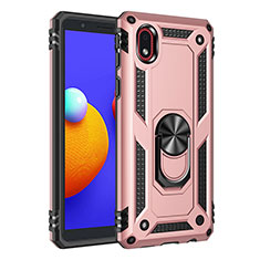 Silicone Matte Finish and Plastic Back Cover Case with Magnetic Finger Ring Stand MQ3 for Samsung Galaxy A01 Core Rose Gold