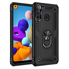 Silicone Matte Finish and Plastic Back Cover Case with Magnetic Finger Ring Stand MQ3 for Samsung Galaxy A21 Black