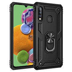 Silicone Matte Finish and Plastic Back Cover Case with Magnetic Finger Ring Stand MQ3 for Samsung Galaxy A70E Black