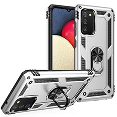 Silicone Matte Finish and Plastic Back Cover Case with Magnetic Finger Ring Stand MQ3 for Samsung Galaxy M02s Silver