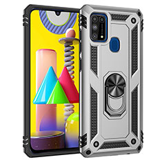 Silicone Matte Finish and Plastic Back Cover Case with Magnetic Finger Ring Stand MQ3 for Samsung Galaxy M31 Silver