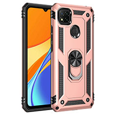 Silicone Matte Finish and Plastic Back Cover Case with Magnetic Finger Ring Stand MQ3 for Xiaomi POCO C3 Rose Gold