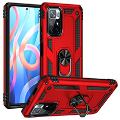 Silicone Matte Finish and Plastic Back Cover Case with Magnetic Finger Ring Stand MQ3 for Xiaomi Poco M4 Pro 5G Red