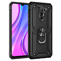 Silicone Matte Finish and Plastic Back Cover Case with Magnetic Finger Ring Stand MQ3 for Xiaomi Redmi 9 Black