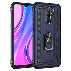 Silicone Matte Finish and Plastic Back Cover Case with Magnetic Finger Ring Stand MQ3 for Xiaomi Redmi 9 Prime India Blue