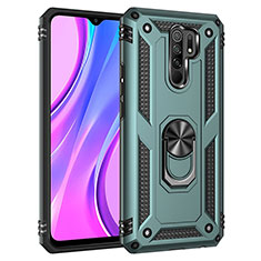 Silicone Matte Finish and Plastic Back Cover Case with Magnetic Finger Ring Stand MQ3 for Xiaomi Redmi 9 Prime India Green
