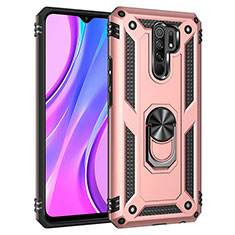 Silicone Matte Finish and Plastic Back Cover Case with Magnetic Finger Ring Stand MQ3 for Xiaomi Redmi 9 Prime India Rose Gold