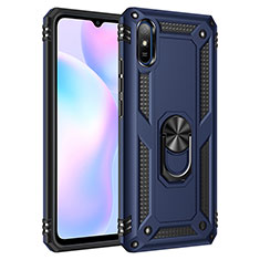 Silicone Matte Finish and Plastic Back Cover Case with Magnetic Finger Ring Stand MQ3 for Xiaomi Redmi 9i Blue
