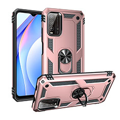 Silicone Matte Finish and Plastic Back Cover Case with Magnetic Finger Ring Stand MQ3 for Xiaomi Redmi 9T 4G Rose Gold