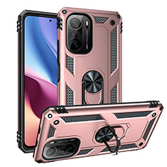 Silicone Matte Finish and Plastic Back Cover Case with Magnetic Finger Ring Stand MQ3 for Xiaomi Redmi K40 Pro+ Plus 5G Rose Gold