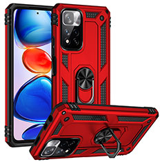 Silicone Matte Finish and Plastic Back Cover Case with Magnetic Finger Ring Stand MQ3 for Xiaomi Redmi Note 11 Pro+ Plus 5G Red