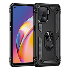 Silicone Matte Finish and Plastic Back Cover Case with Magnetic Finger Ring Stand MQ4 for Oppo F19 Pro Black