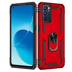 Silicone Matte Finish and Plastic Back Cover Case with Magnetic Finger Ring Stand MQ4 for Oppo Reno6 5G Red