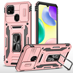 Silicone Matte Finish and Plastic Back Cover Case with Magnetic Finger Ring Stand MQ4 for Xiaomi Redmi 9 Activ Rose Gold