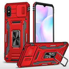 Silicone Matte Finish and Plastic Back Cover Case with Magnetic Finger Ring Stand MQ4 for Xiaomi Redmi 9AT Red