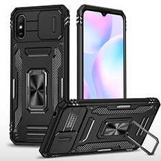 Silicone Matte Finish and Plastic Back Cover Case with Magnetic Finger Ring Stand MQ4 for Xiaomi Redmi 9i Black