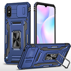 Silicone Matte Finish and Plastic Back Cover Case with Magnetic Finger Ring Stand MQ4 for Xiaomi Redmi 9i Blue