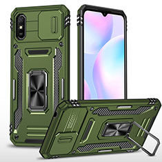 Silicone Matte Finish and Plastic Back Cover Case with Magnetic Finger Ring Stand MQ4 for Xiaomi Redmi 9i Green