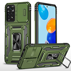 Silicone Matte Finish and Plastic Back Cover Case with Magnetic Finger Ring Stand MQ4 for Xiaomi Redmi Note 11 Pro 4G Green