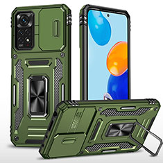 Silicone Matte Finish and Plastic Back Cover Case with Magnetic Finger Ring Stand MQ4 for Xiaomi Redmi Note 11 Pro 5G Green