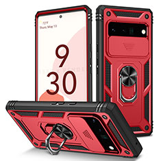 Silicone Matte Finish and Plastic Back Cover Case with Magnetic Finger Ring Stand MQ5 for Google Pixel 6 Pro 5G Red