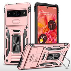 Silicone Matte Finish and Plastic Back Cover Case with Magnetic Finger Ring Stand MQ6 for Google Pixel 7 Pro 5G Rose Gold