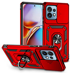 Silicone Matte Finish and Plastic Back Cover Case with Magnetic Finger Ring Stand MQ6 for Motorola Moto Edge 40 Pro 5G Red