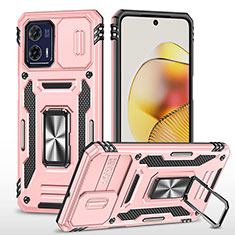 Silicone Matte Finish and Plastic Back Cover Case with Magnetic Finger Ring Stand MQ6 for Motorola Moto G73 5G Rose Gold