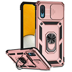 Silicone Matte Finish and Plastic Back Cover Case with Magnetic Finger Ring Stand MQ6 for Samsung Galaxy A02 Rose Gold