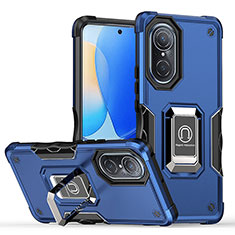 Silicone Matte Finish and Plastic Back Cover Case with Magnetic Finger Ring Stand QW1 for Huawei Nova 9 Blue