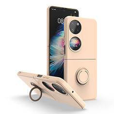 Silicone Matte Finish and Plastic Back Cover Case with Magnetic Finger Ring Stand QW1 for Huawei P60 Pocket Gold