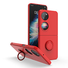 Silicone Matte Finish and Plastic Back Cover Case with Magnetic Finger Ring Stand QW1 for Huawei P60 Pocket Red