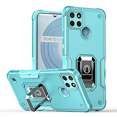 Silicone Matte Finish and Plastic Back Cover Case with Magnetic Finger Ring Stand QW1 for Realme C21Y Mint Blue