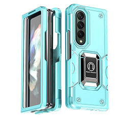 Silicone Matte Finish and Plastic Back Cover Case with Magnetic Finger Ring Stand QW1 for Samsung Galaxy Z Fold3 5G Mint Blue