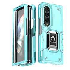 Silicone Matte Finish and Plastic Back Cover Case with Magnetic Finger Ring Stand QW1 for Samsung Galaxy Z Fold4 5G Mint Blue