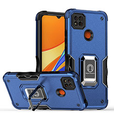 Silicone Matte Finish and Plastic Back Cover Case with Magnetic Finger Ring Stand QW1 for Xiaomi Redmi 9 Activ Blue