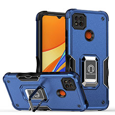 Silicone Matte Finish and Plastic Back Cover Case with Magnetic Finger Ring Stand QW1 for Xiaomi Redmi 9C Blue
