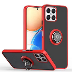 Silicone Matte Finish and Plastic Back Cover Case with Magnetic Finger Ring Stand QW2 for Huawei Honor X8 4G Red