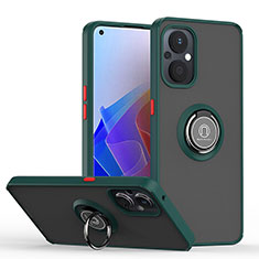 Silicone Matte Finish and Plastic Back Cover Case with Magnetic Finger Ring Stand QW2 for Oppo F21 Pro 5G Midnight Green