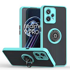 Silicone Matte Finish and Plastic Back Cover Case with Magnetic Finger Ring Stand QW2 for Realme 9 4G Cyan