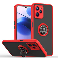 Silicone Matte Finish and Plastic Back Cover Case with Magnetic Finger Ring Stand QW2 for Realme C35 Red