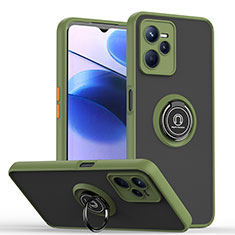 Silicone Matte Finish and Plastic Back Cover Case with Magnetic Finger Ring Stand QW2 for Realme Narzo 50A Prime Army green