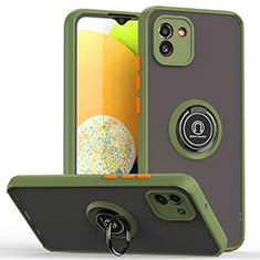 Silicone Matte Finish and Plastic Back Cover Case with Magnetic Finger Ring Stand QW2 for Samsung Galaxy A03 Army green