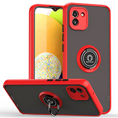 Silicone Matte Finish and Plastic Back Cover Case with Magnetic Finger Ring Stand QW2 for Samsung Galaxy A03 Red