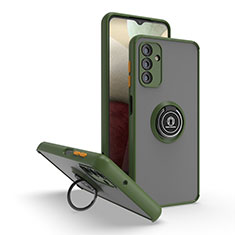 Silicone Matte Finish and Plastic Back Cover Case with Magnetic Finger Ring Stand QW2 for Samsung Galaxy A04s Army green