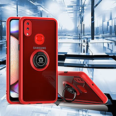 Silicone Matte Finish and Plastic Back Cover Case with Magnetic Finger Ring Stand QW2 for Samsung Galaxy A10s Red