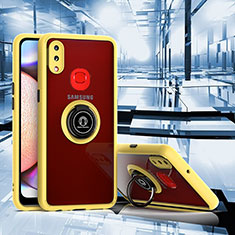 Silicone Matte Finish and Plastic Back Cover Case with Magnetic Finger Ring Stand QW2 for Samsung Galaxy A10s Yellow
