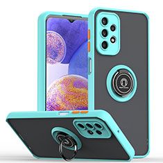 Silicone Matte Finish and Plastic Back Cover Case with Magnetic Finger Ring Stand QW2 for Samsung Galaxy A23 5G Cyan