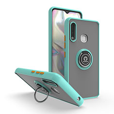 Silicone Matte Finish and Plastic Back Cover Case with Magnetic Finger Ring Stand QW2 for Samsung Galaxy A70E Cyan